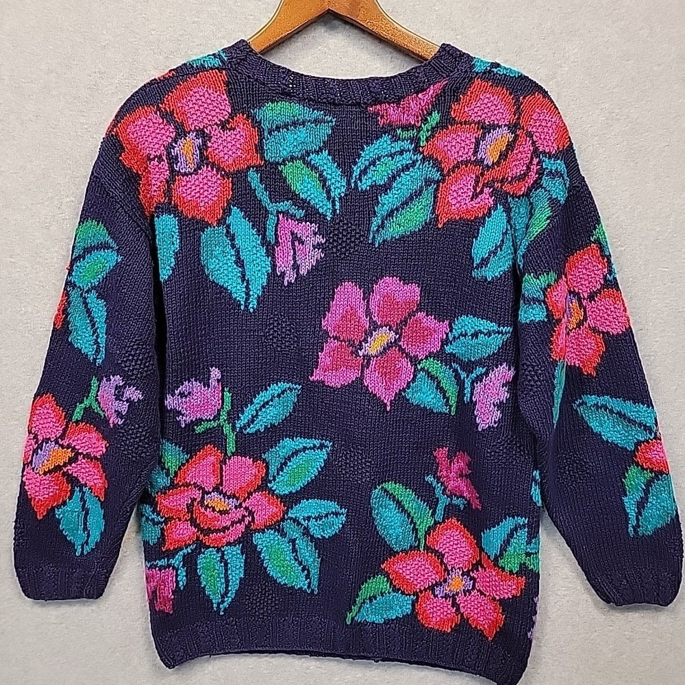 Vintage Izod Sweater Women M Floral Cardigan Hand Knit Cotton Blend Vibrant Rare - Picture 5 of 16